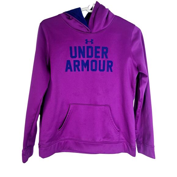Under Armour Hoodie Youth Large Loose Fit Purple Blue Spell‎ Out Athleisure - Picture 1 of 11